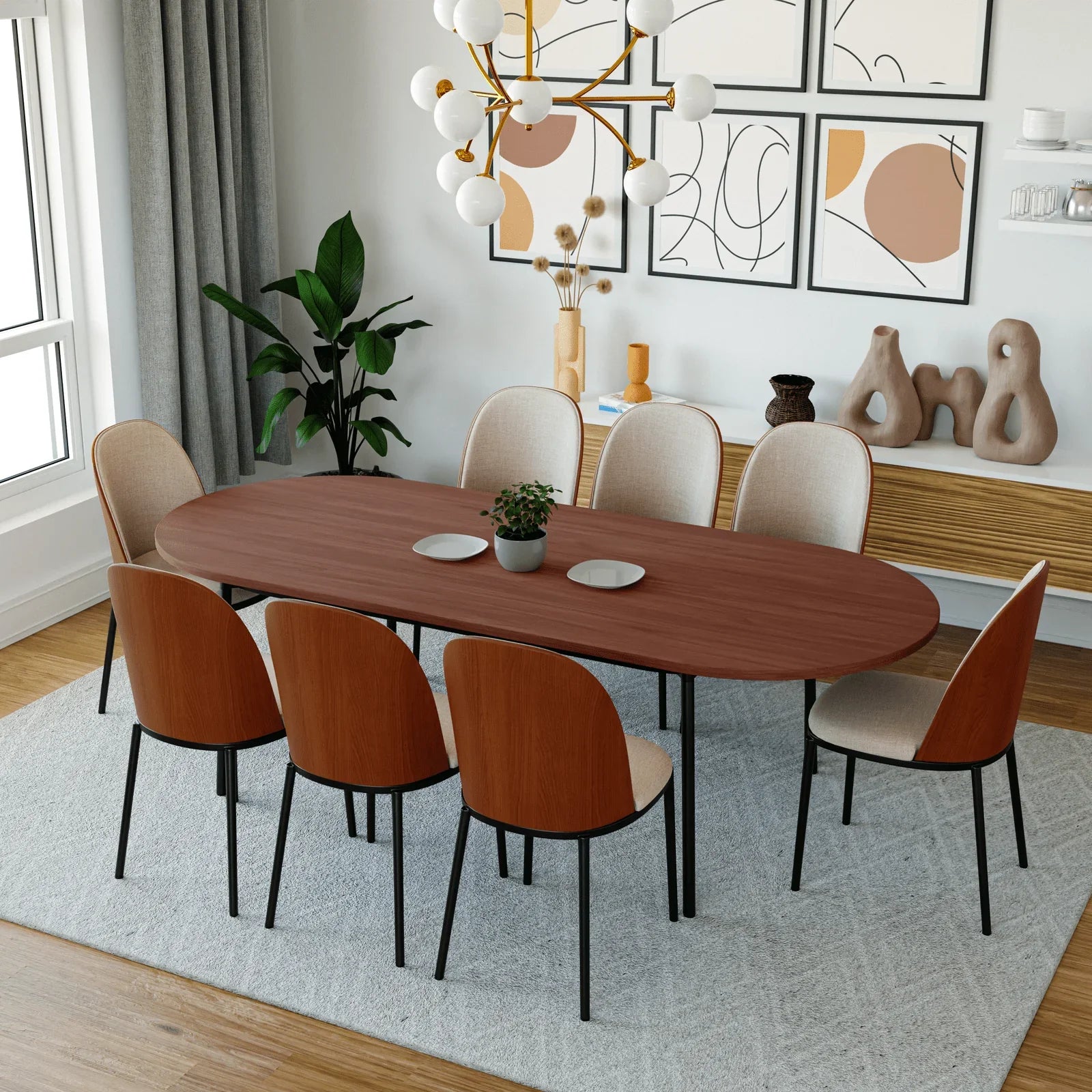 Tule 9-Piece Dining Set in Steel with 8 Upholstered Seat Dining Chairs and 83" Oval Dining Table with MDF Tabletop - Elax Furniture