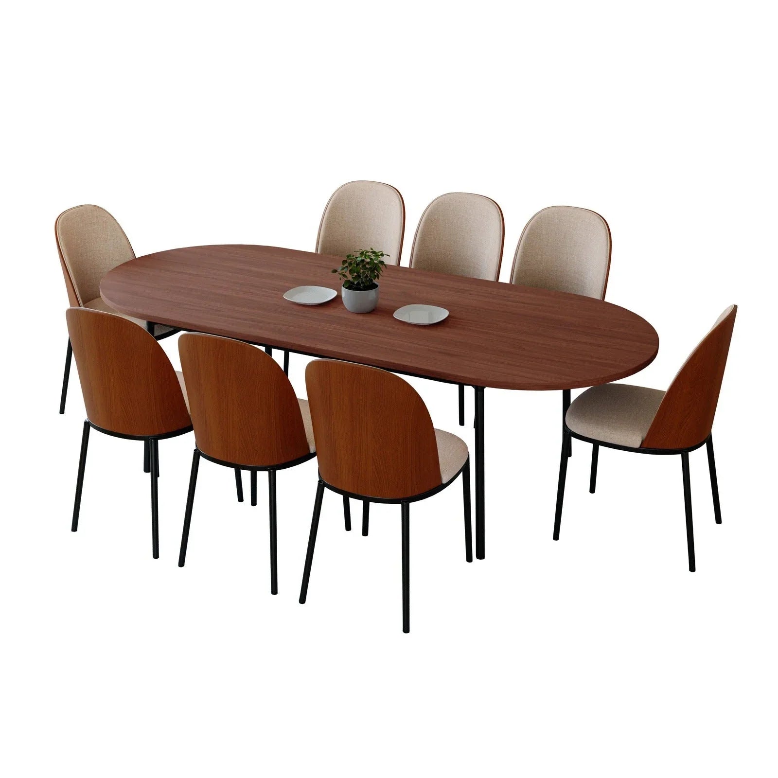 Tule 9-Piece Dining Set in Steel with 8 Upholstered Seat Dining Chairs and 83" Oval Dining Table with MDF Tabletop - Elax Furniture