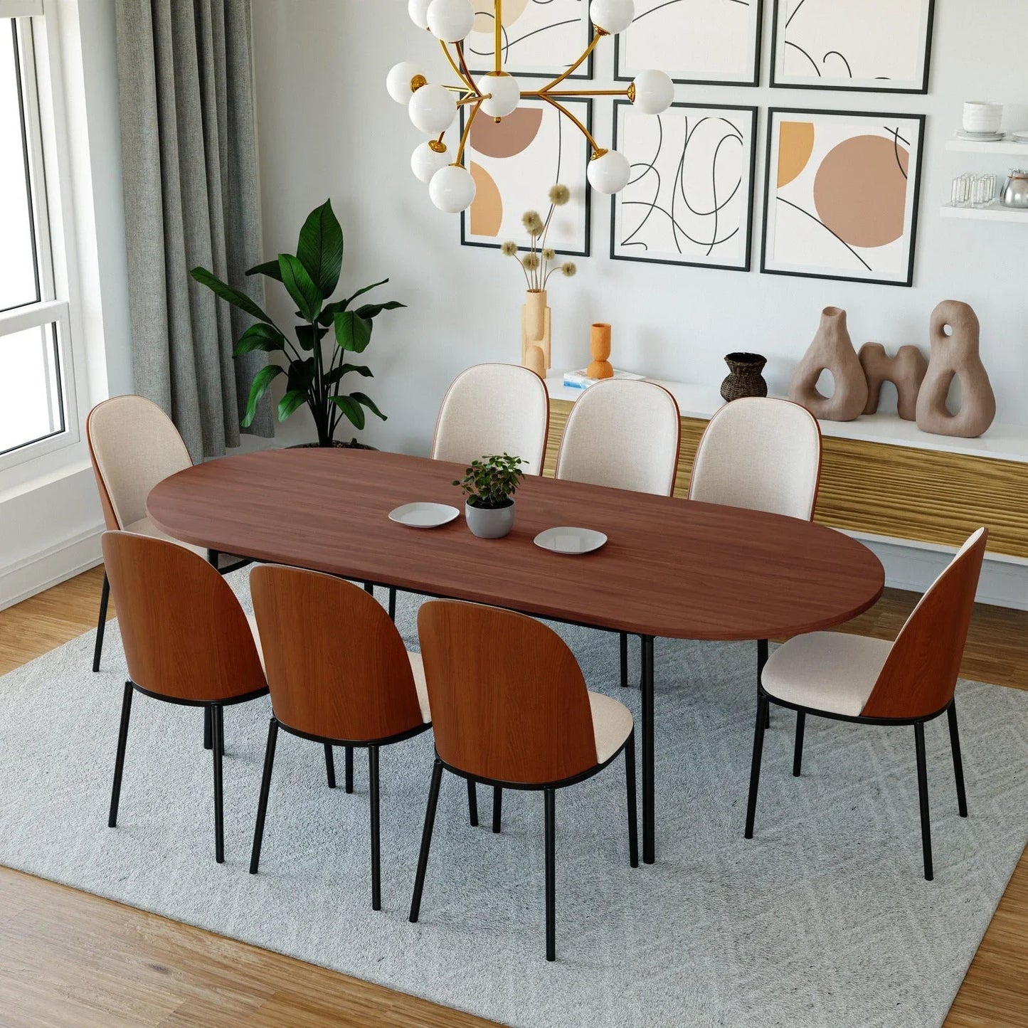 Tule 9-Piece Dining Set in Steel with 8 Upholstered Seat Dining Chairs and 83" Oval Dining Table with MDF Tabletop - Elax Furniture