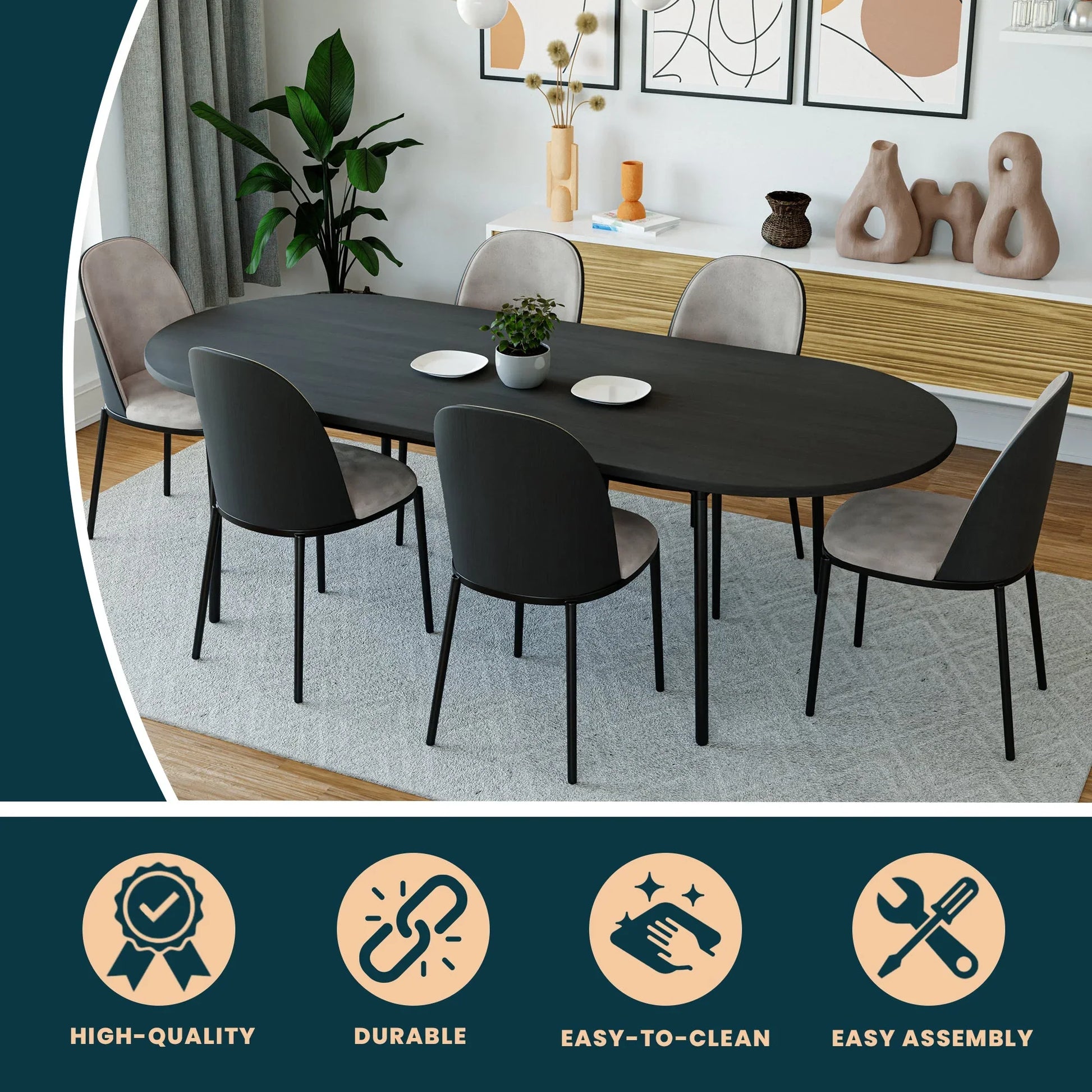 Tule Modern 83" Oval Dining Table with MDF Tabletop and Black Steel Legs - Elax Furniture