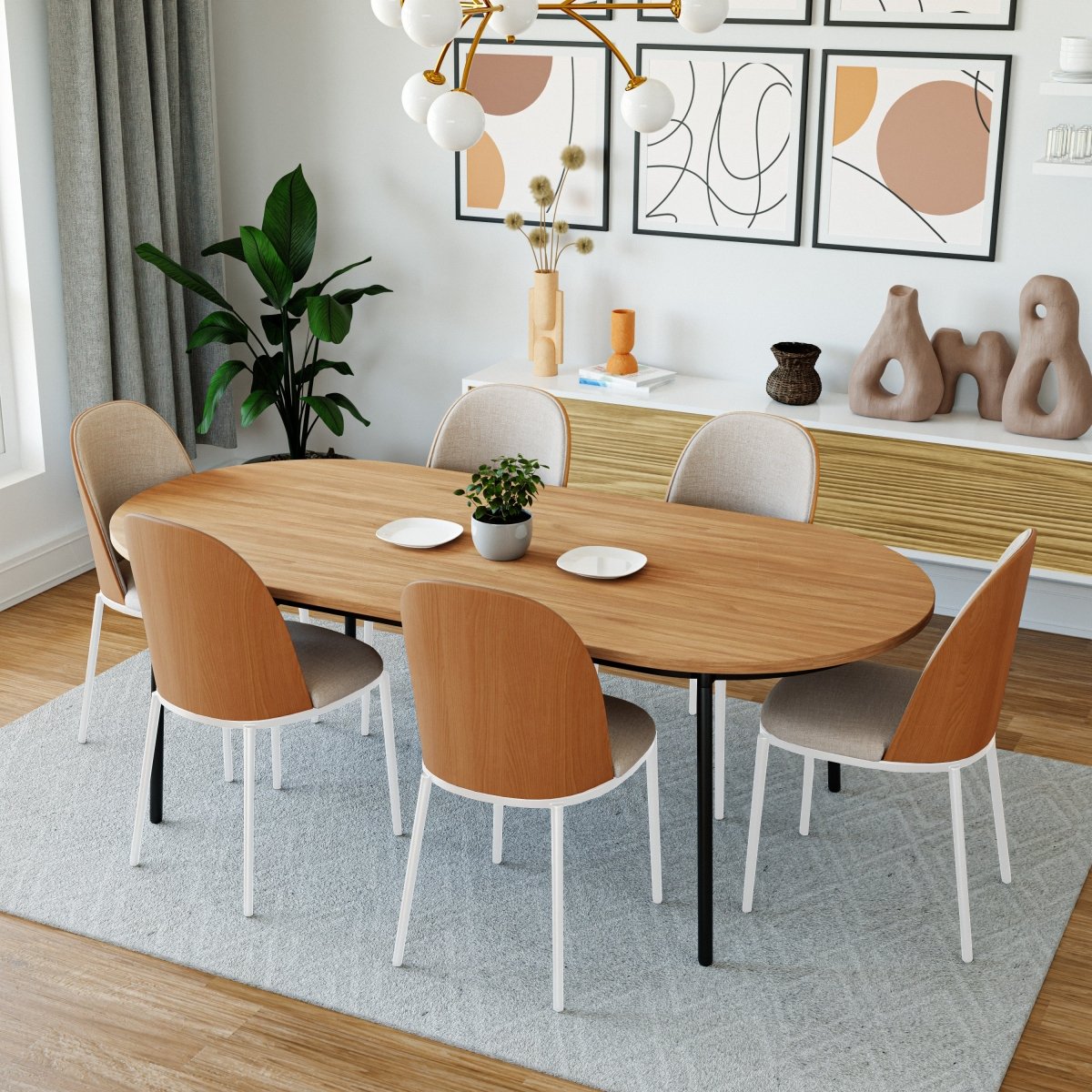 Tule Dining Side Chair with Upholstered Seat and Powder-Coated Steel Frame White Natural Wood Beige Dining Chair Leisuremod