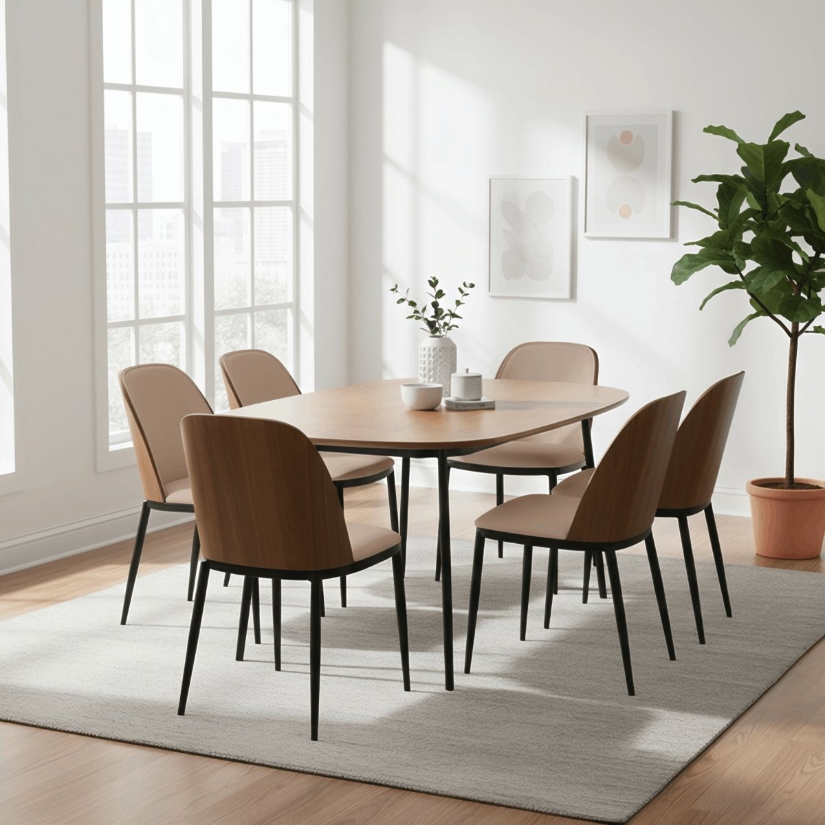 Tule Dining Side Chair with Upholstered Seat and Powder-Coated Steel Frame Black Walnut Beige Dining Chair Leisuremod