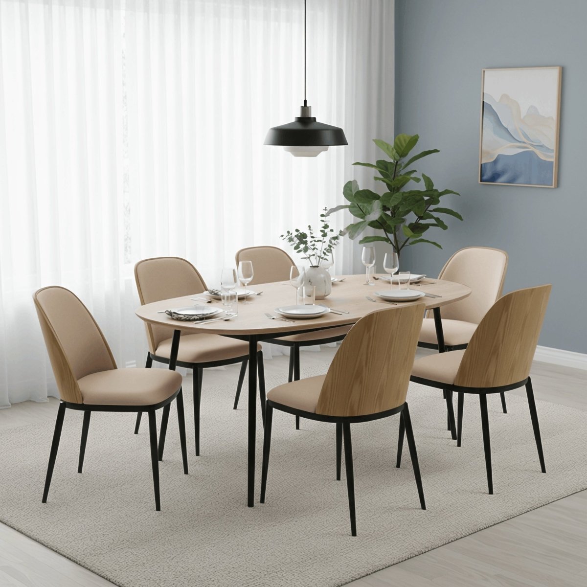 Tule Dining Side Chair with Upholstered Seat and Powder-Coated Steel Frame Black Natural Wood Beige Dining Chair Leisuremod