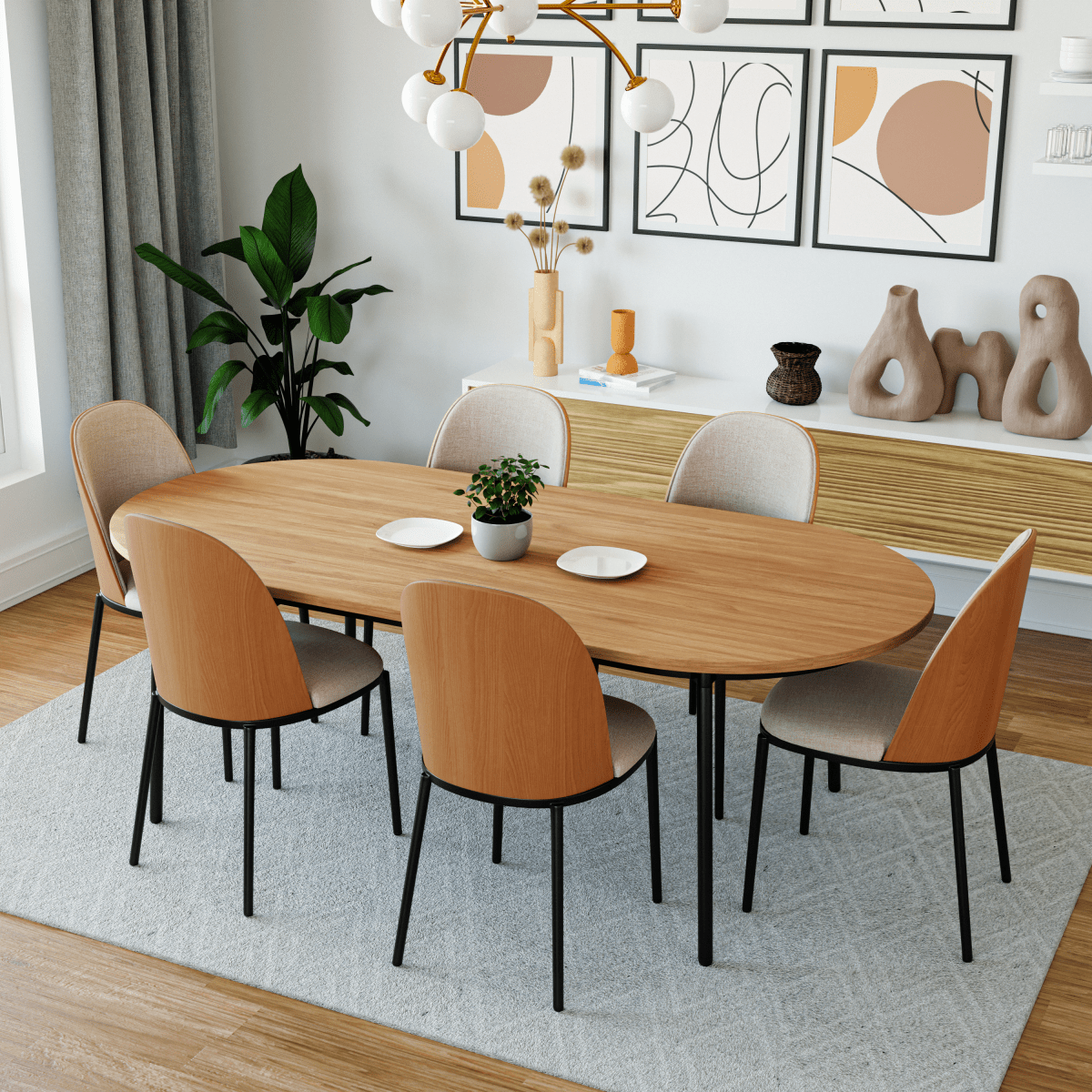 Tule Modern Oval Dining Table with MDF Tabletop and Black Steel Legs 70 inches Dining Table Leisuremod