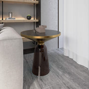 Tully 19-Inch Round Glass/Stone Side Table with Iron Rim Frame and Glass Base Gold Glass Grey Black Side Table Leisuremod