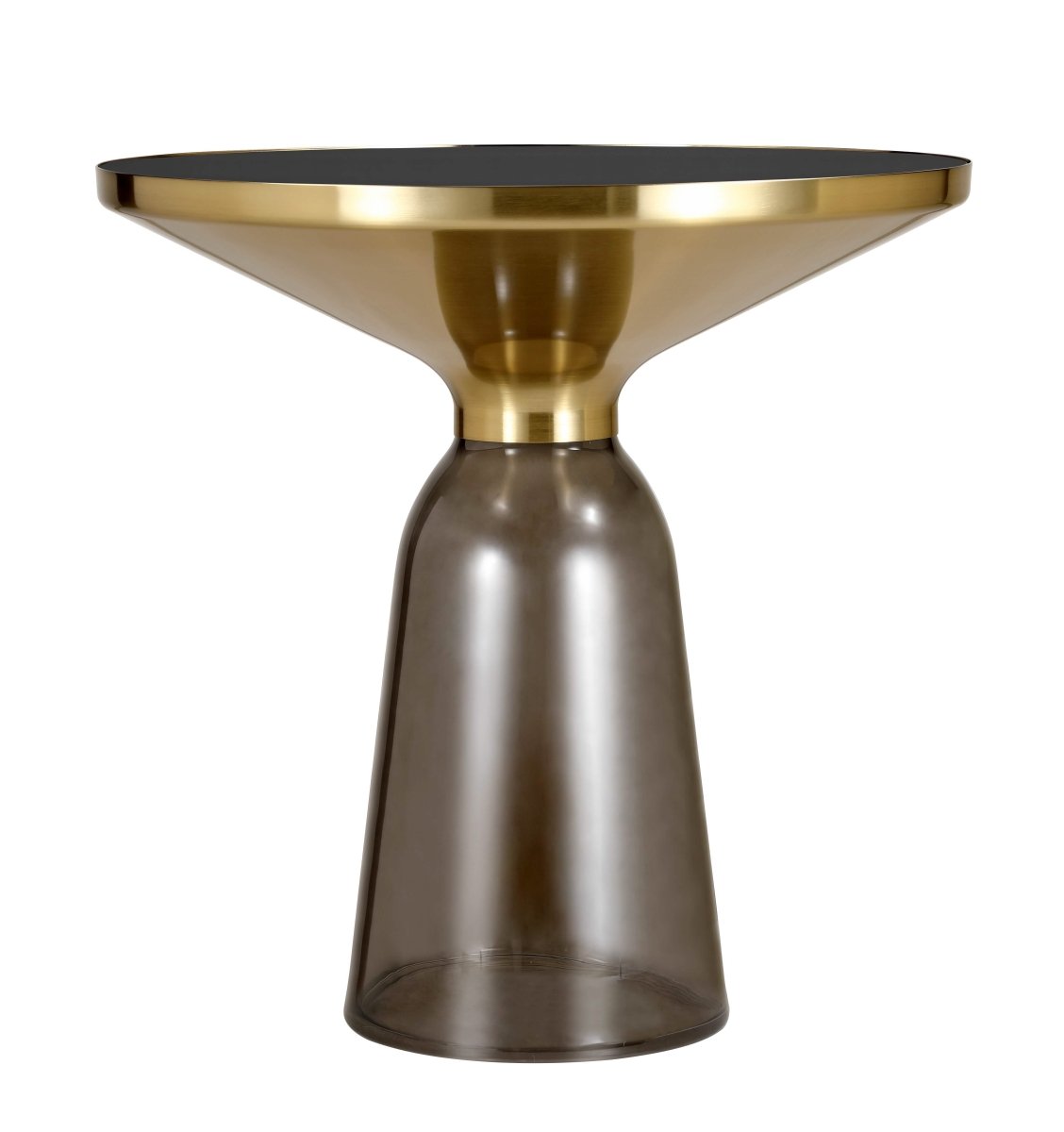 Tully 19-Inch Round Glass/Stone Side Table with Iron Rim Frame and Glass Base Gold Glass Grey Black Side Table Leisuremod