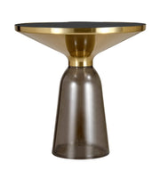 Tully 19-Inch Round Glass/Stone Side Table with Iron Rim Frame and Glass Base Gold Glass Grey Black Side Table Leisuremod