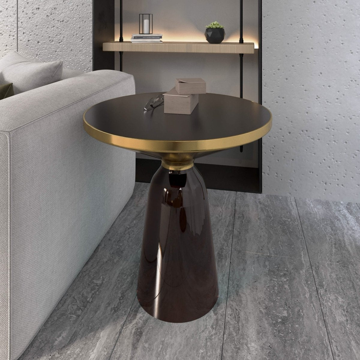 Tully 19-Inch Round Glass/Stone Side Table with Iron Rim Frame and Glass Base Gold Glass Grey Black Side Table Leisuremod