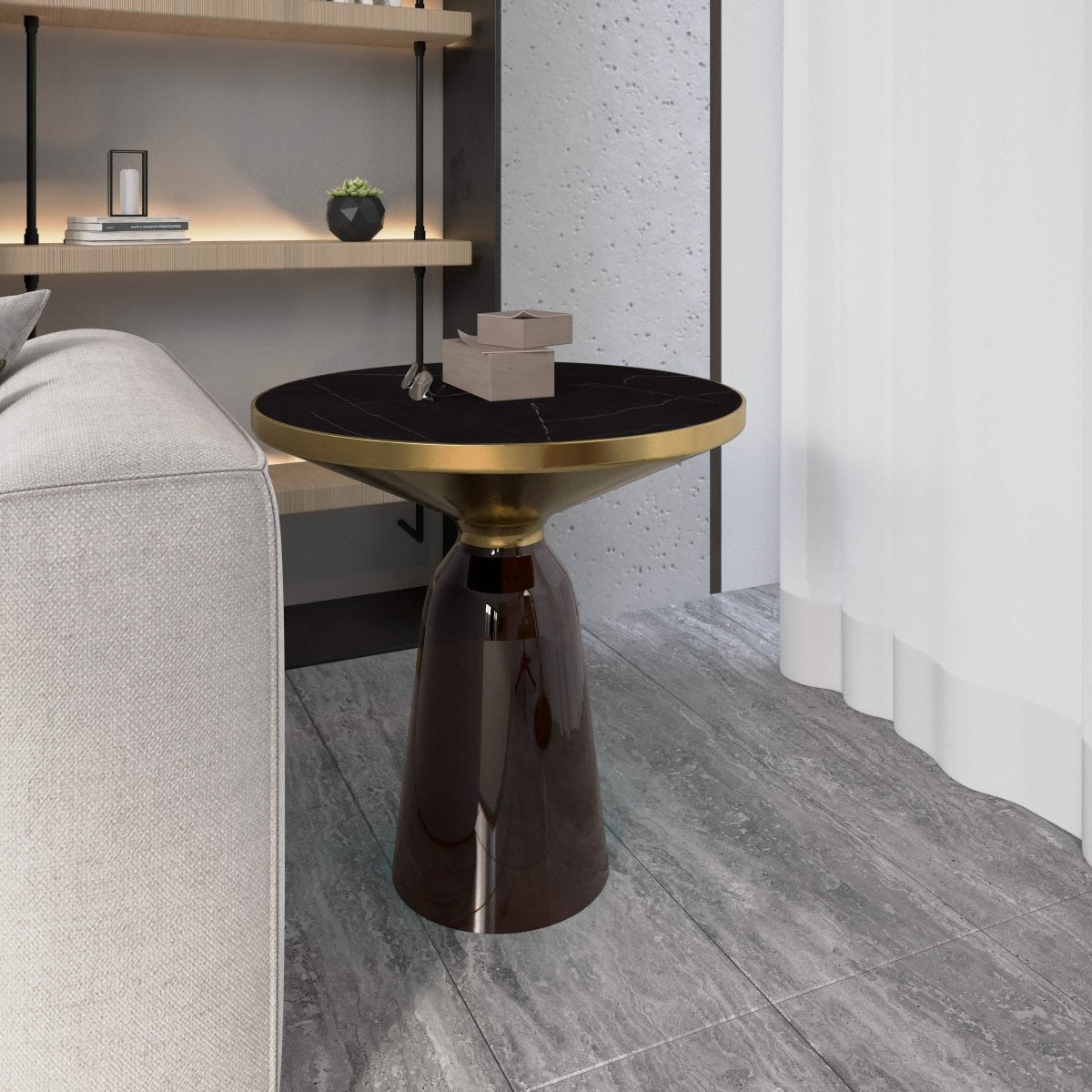 Tully 19-Inch Round Glass/Stone Side Table with Iron Rim Frame and Glass Base Gold Stone Grey Black Stone Side Table Leisuremod