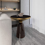 Tully 19-Inch Round Glass/Stone Side Table with Iron Rim Frame and Glass Base Gold Stone Grey Black Stone Side Table Leisuremod