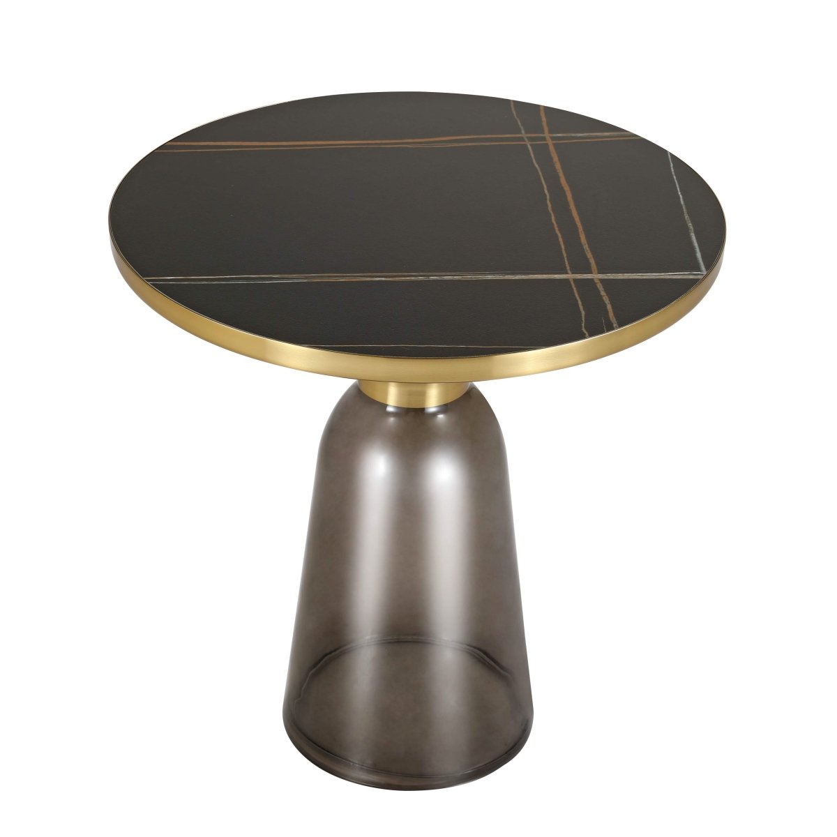Tully 19-Inch Round Glass/Stone Side Table with Iron Rim Frame and Glass Base Gold Stone Grey Black Stone Side Table Leisuremod