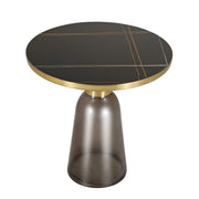 Tully 19-Inch Round Glass/Stone Side Table with Iron Rim Frame and Glass Base Gold Stone Grey Black Stone Side Table Leisuremod