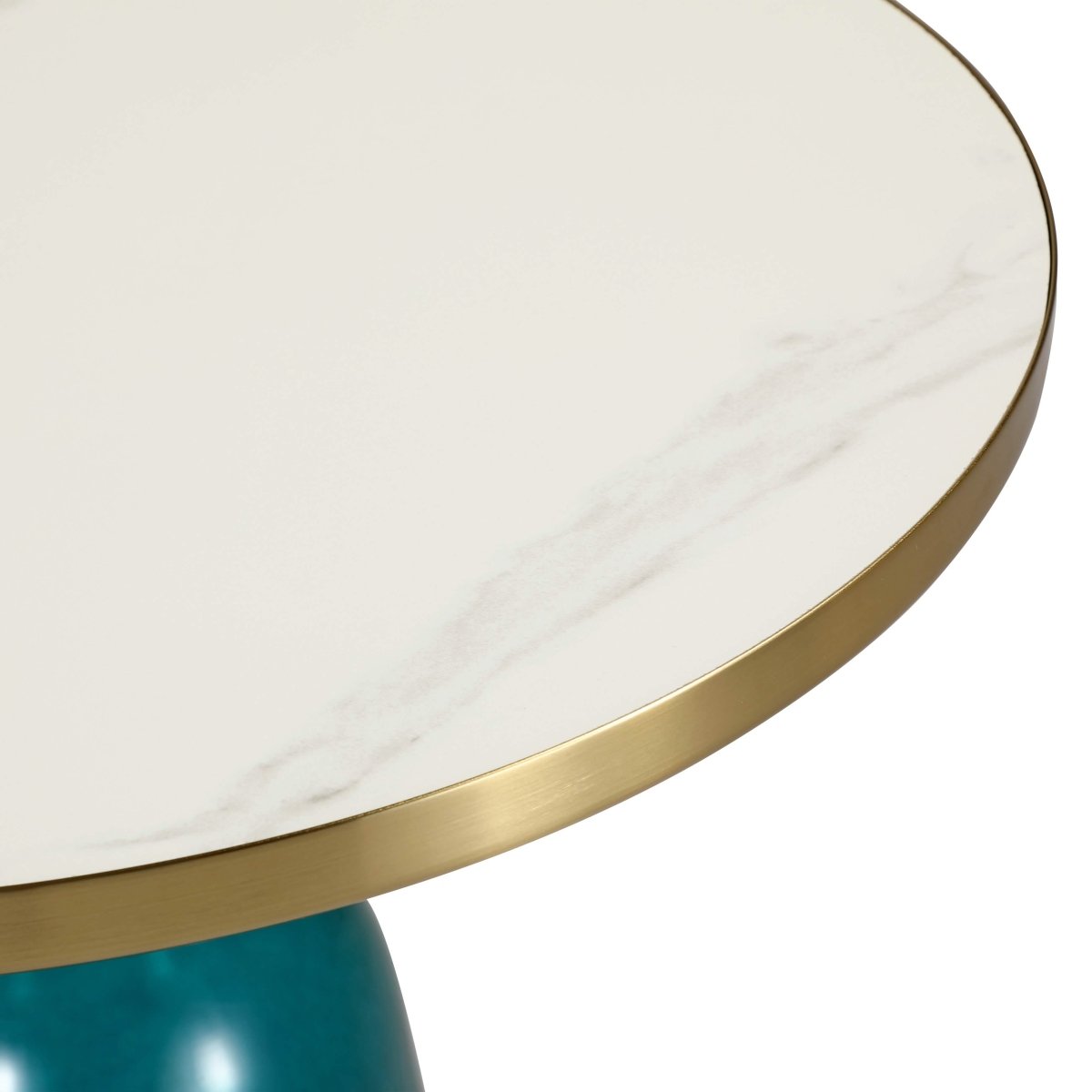 Tully 19-Inch Round Glass/Stone Side Table with Iron Rim Frame and Glass Base Gold Stone Blue White Stone Side Table Leisuremod