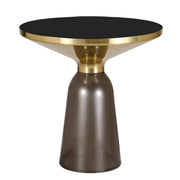 Tully 19-Inch Round Glass/Stone Side Table with Iron Rim Frame and Glass Base Gold Glass Grey Black Side Table Leisuremod