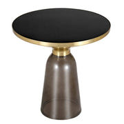 Tully 19-Inch Round Glass/Stone Side Table with Iron Rim Frame and Glass Base Gold Glass Grey Black Side Table Leisuremod