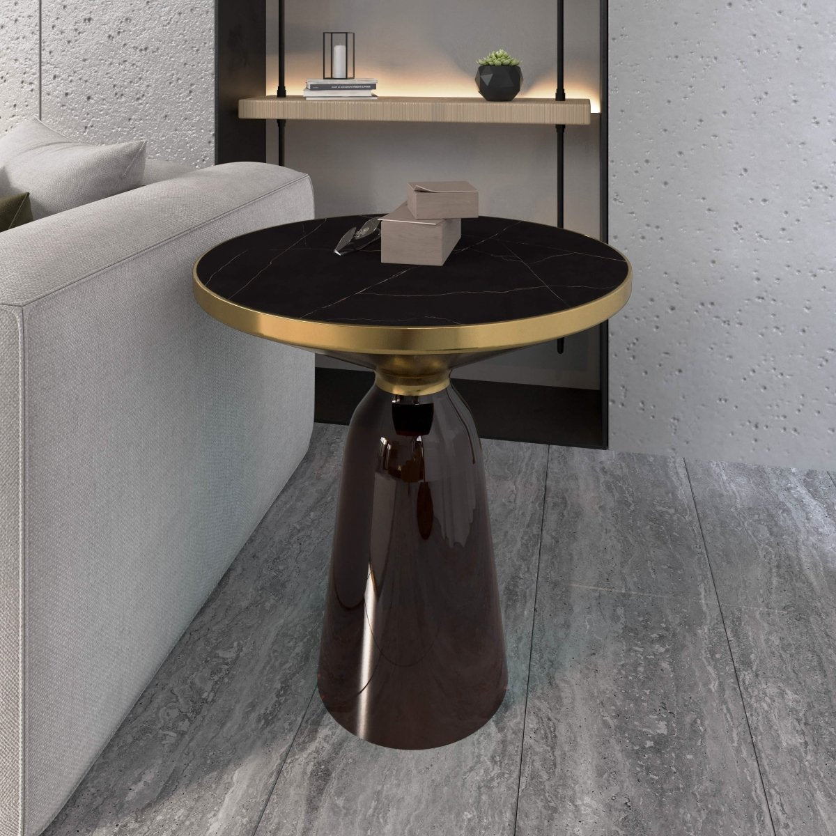 Tully 19-Inch Round Glass/Stone Side Table with Iron Rim Frame and Glass Base Gold Stone Grey Black Stone Side Table Leisuremod