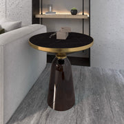 Tully 19-Inch Round Glass/Stone Side Table with Iron Rim Frame and Glass Base Gold Stone Grey Black Stone Side Table Leisuremod