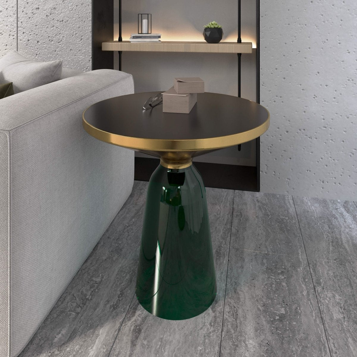 Tully 19-Inch Round Glass/Stone Side Table with Iron Rim Frame and Glass Base Gold Glass Green Black Side Table Leisuremod