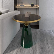 Tully 19-Inch Round Glass/Stone Side Table with Iron Rim Frame and Glass Base Gold Glass Green Black Side Table Leisuremod
