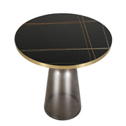Tully 19-Inch Round Glass/Stone Side Table with Iron Rim Frame and Glass Base Gold Stone Grey Black Stone Side Table Leisuremod