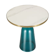 Tully 19-Inch Round Glass/Stone Side Table with Iron Rim Frame and Glass Base Gold Stone Blue White Stone Side Table Leisuremod