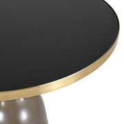 Tully 19-Inch Round Glass/Stone Side Table with Iron Rim Frame and Glass Base Gold Glass Grey Black Side Table Leisuremod