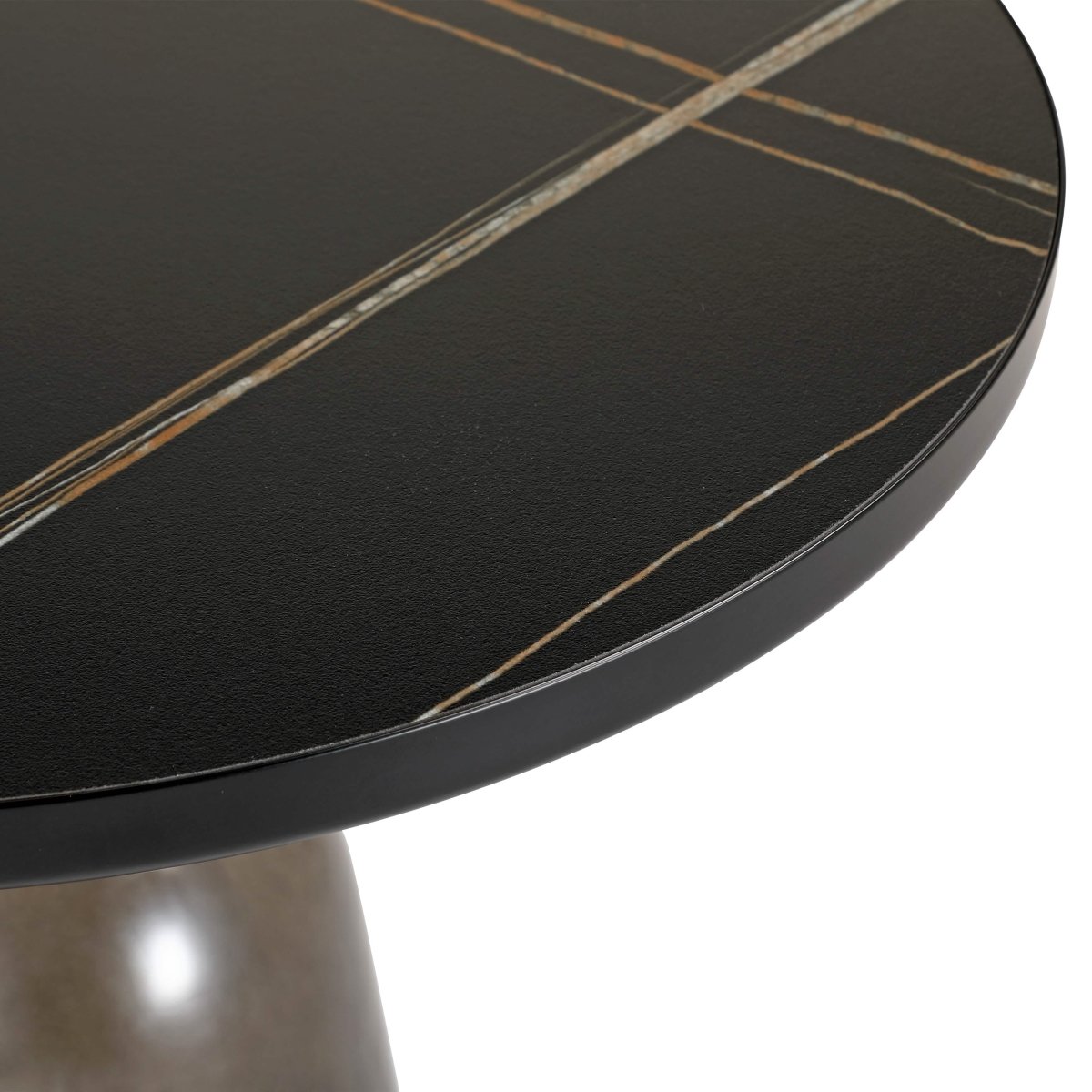 Tully 19-Inch Round Glass/Stone Side Table with Iron Rim Frame and Glass Base Black Stone Grey Black Stone Side Table Leisuremod