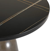 Tully 19-Inch Round Glass/Stone Side Table with Iron Rim Frame and Glass Base Black Stone Grey Black Stone Side Table Leisuremod