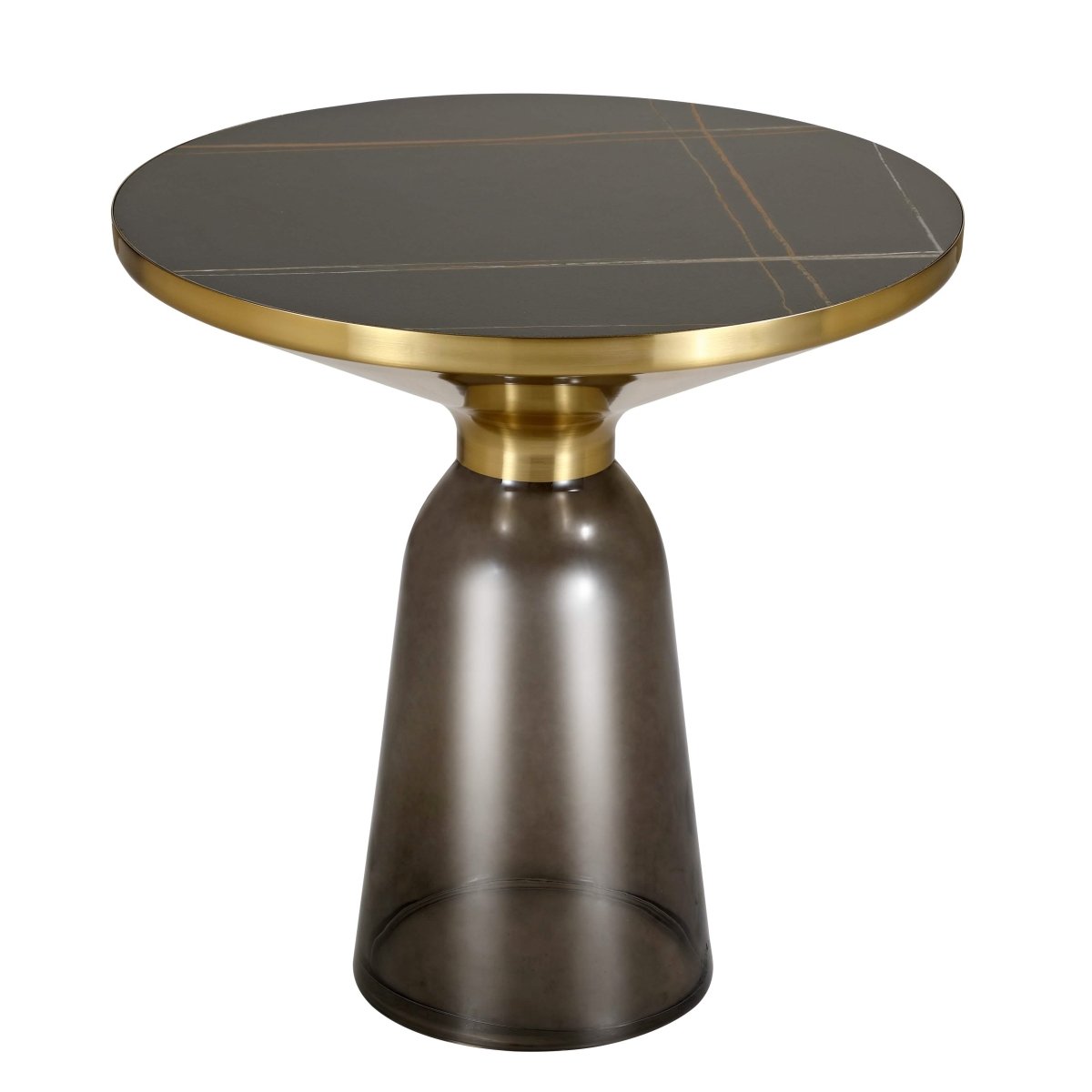 Tully 19-Inch Round Glass/Stone Side Table with Iron Rim Frame and Glass Base Gold Stone Grey Black Stone Side Table Leisuremod