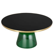 Tully 30-Inch Round Glass/Stone Coffee Table with Iron Rim Frame and Glass Base Glass Green Black Glass Coffee Table Leisuremod