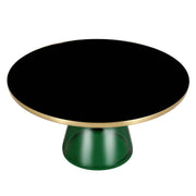 Tully 30-Inch Round Glass/Stone Coffee Table with Iron Rim Frame and Glass Base Glass Green Black Glass Coffee Table Leisuremod