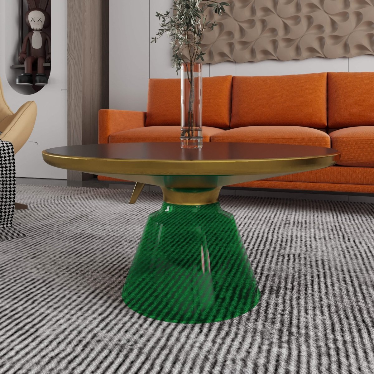 Tully 30-Inch Round Glass/Stone Coffee Table with Iron Rim Frame and Glass Base Glass Green Black Glass Coffee Table Leisuremod