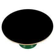 Tully 30-Inch Round Glass/Stone Coffee Table with Iron Rim Frame and Glass Base Glass Green Black Glass Coffee Table Leisuremod