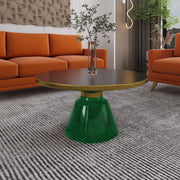 Tully 30-Inch Round Glass/Stone Coffee Table with Iron Rim Frame and Glass Base Glass Green Black Glass Coffee Table Leisuremod