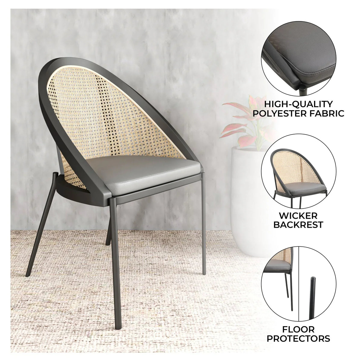 Urbane Dining Chair with Vinyl Fabric Seat and Wicker/Vinyl Backrest in Black Stainless Steel - Elax Furniture