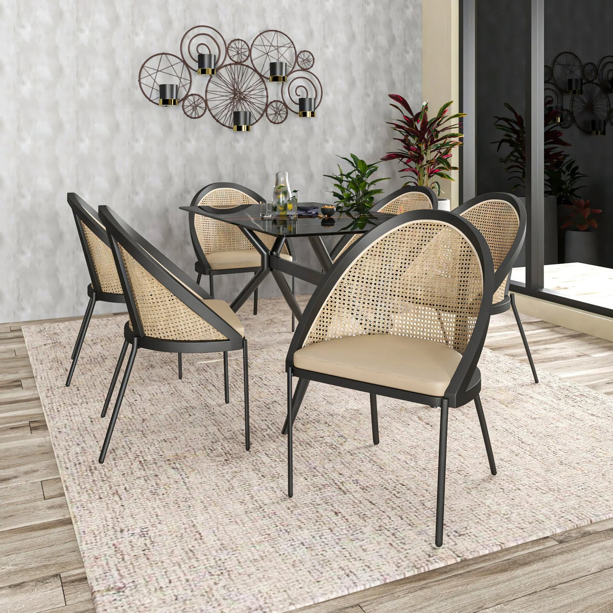 Urbane Dining Chair with Vinyl Fabric Seat and Wicker/Vinyl Backrest in Black Stainless Steel - Elax Furniture