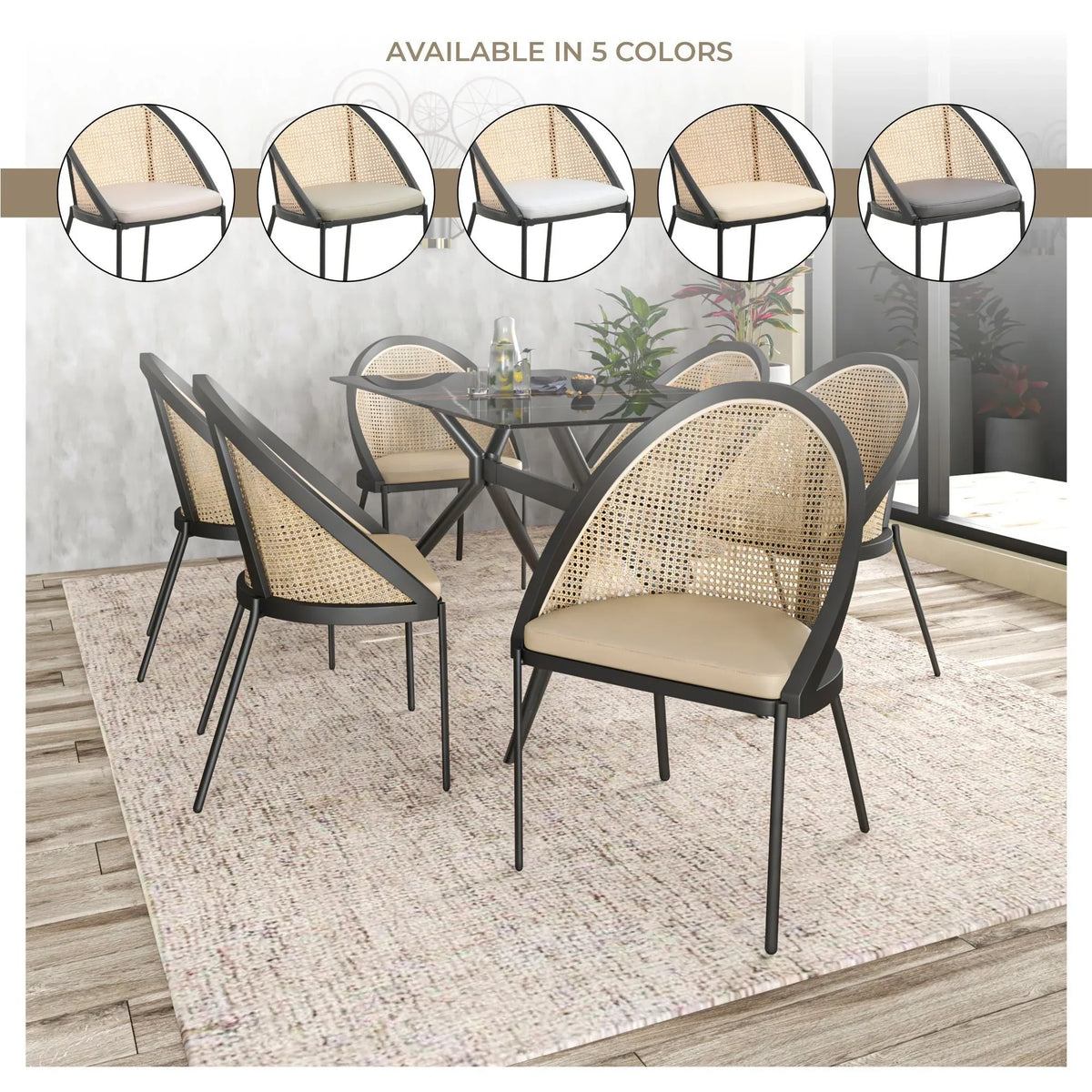Urbane Dining Chair with Vinyl Fabric Seat and Wicker/Vinyl Backrest in Black Stainless Steel - Elax Furniture