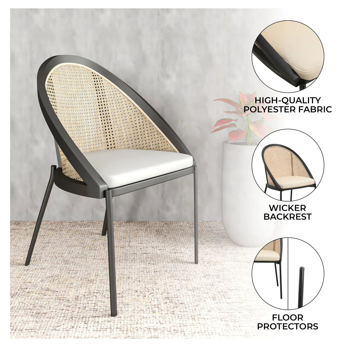 Urbane Dining Chair with Vinyl Fabric Seat and Wicker/Vinyl Backrest in Black Stainless Steel - Elax Furniture