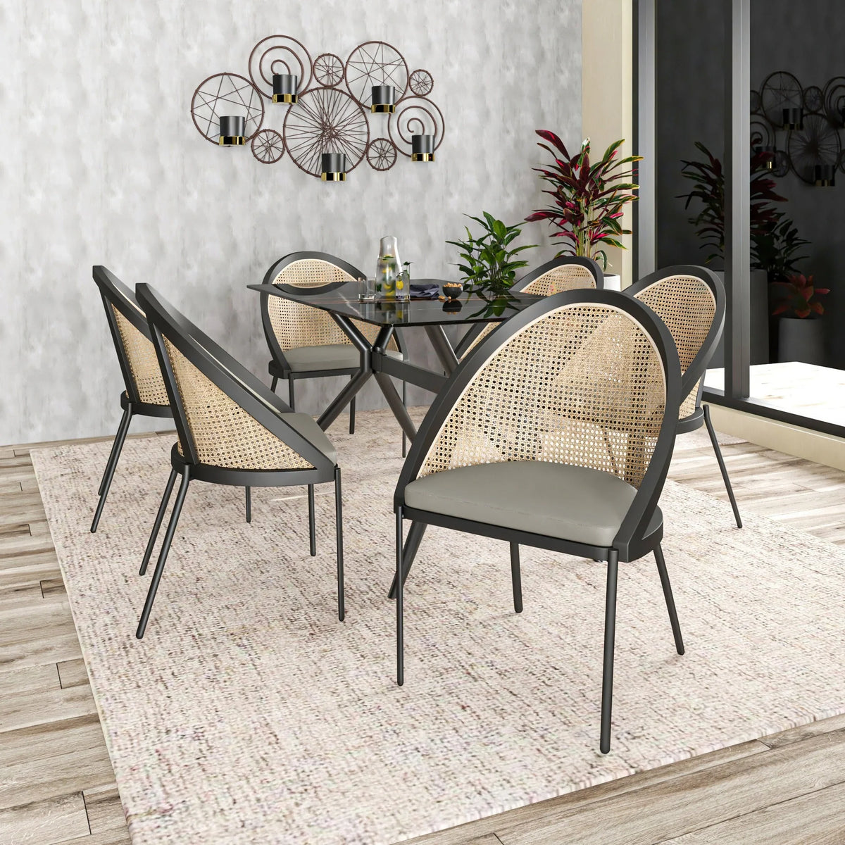 Urbane Dining Chair with Vinyl Fabric Seat and Wicker/Vinyl Backrest in Black Stainless Steel - Elax Furniture