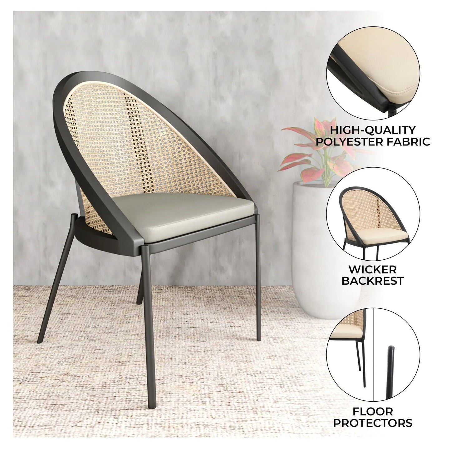 Urbane Dining Chair with Vinyl Fabric Seat and Wicker/Vinyl Backrest in Black Stainless Steel - Elax Furniture