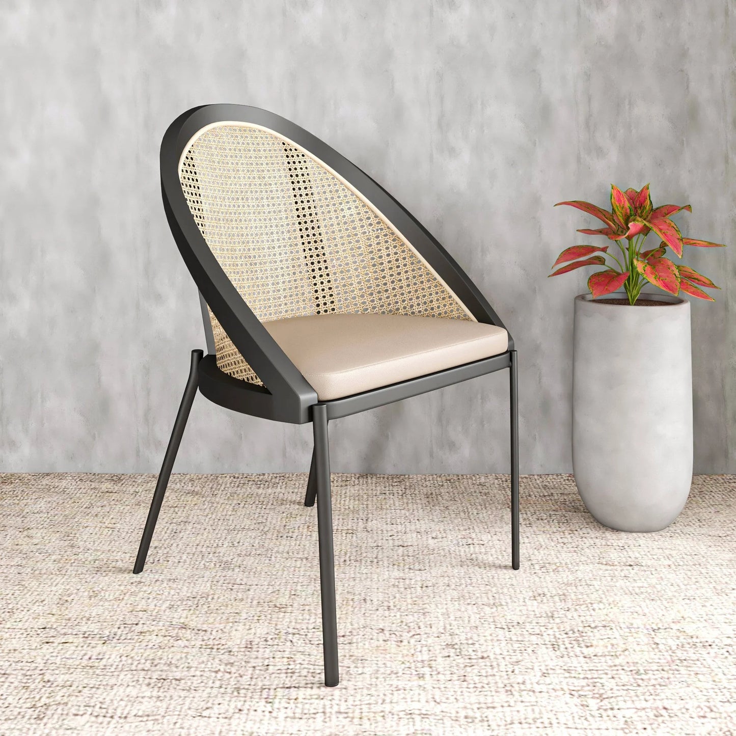 Urbane Dining Chair with Vinyl Fabric Seat and Wicker/Vinyl Backrest in Black Stainless Steel - Elax Furniture