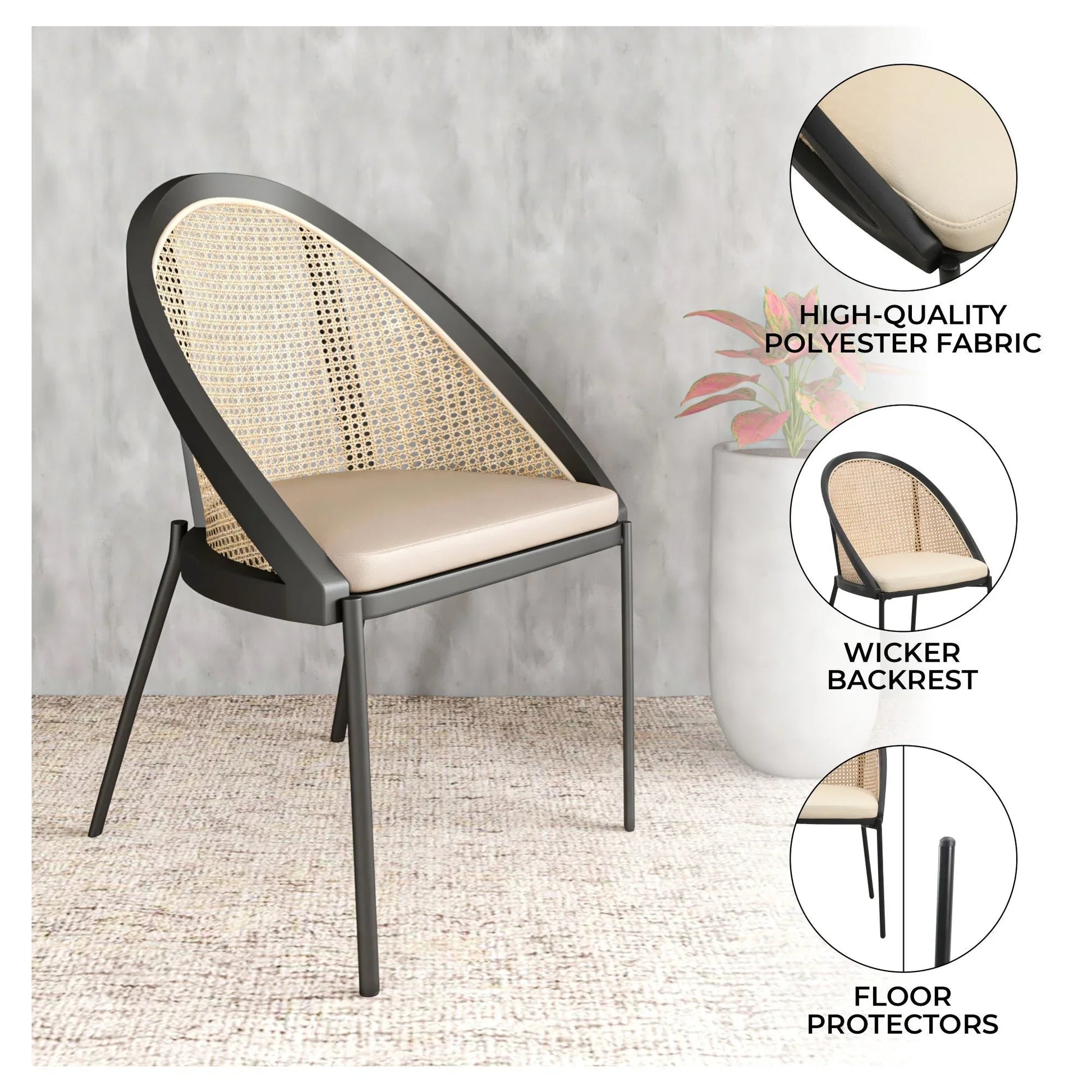 Urbane Dining Chair with Vinyl Fabric Seat and Wicker/Vinyl Backrest in Black Stainless Steel - Elax Furniture