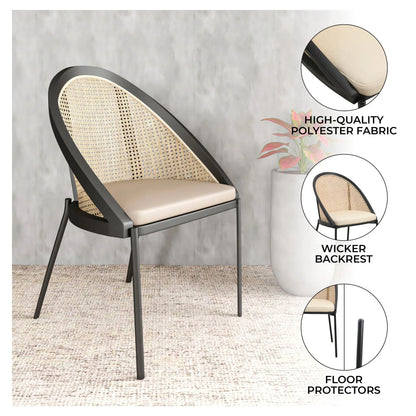 Urbane Dining Chair with Vinyl Fabric Seat and Wicker/Vinyl Backrest in Black Stainless Steel - Elax Furniture