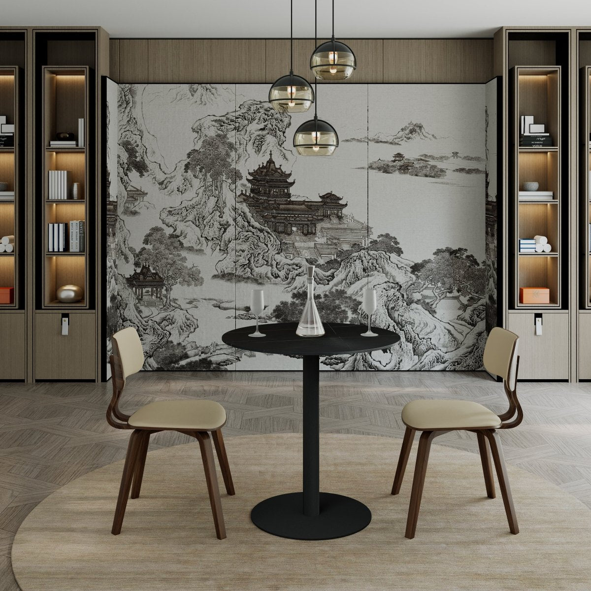 Vail Collection Dining Table Black Base With 27"/36" Round Black MDF Wood/Sintered Stone Top Black Stone Dining Table Leisuremod