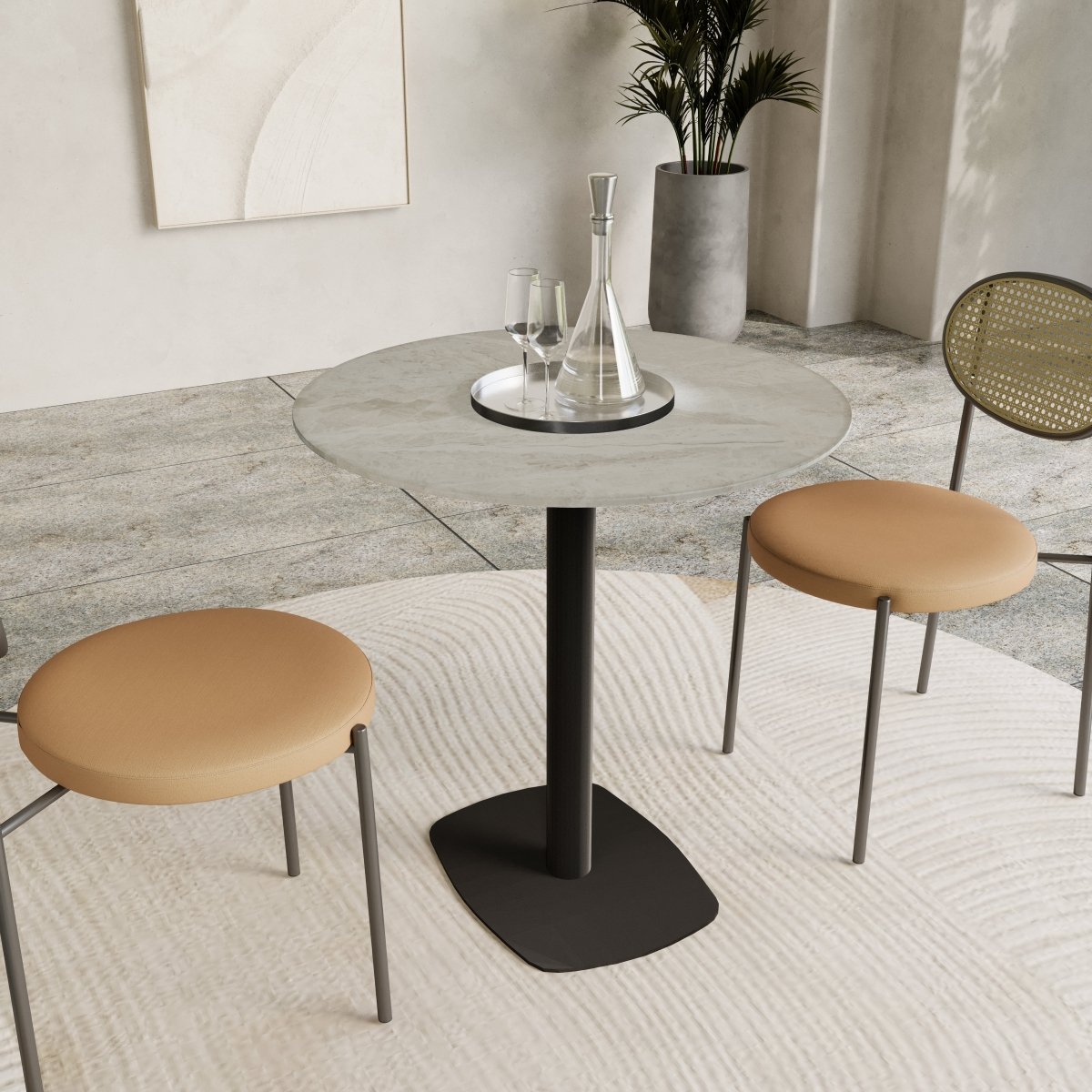 Vail Collection Dining Table Black Rectangle Base With 27"/36" Round Dark Brown MDF Wood/Sintered Stone Top 27 Inches Grey Stone Dining Table Leisuremod