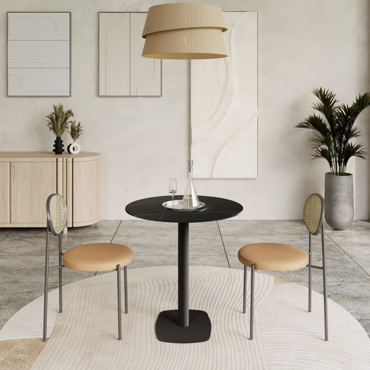 Vail Collection Dining Table Black Rectangle Base With 27"/36" Round Dark Brown MDF Wood/Sintered Stone Top 27 Inches Black Stone Dining Table Leisuremod