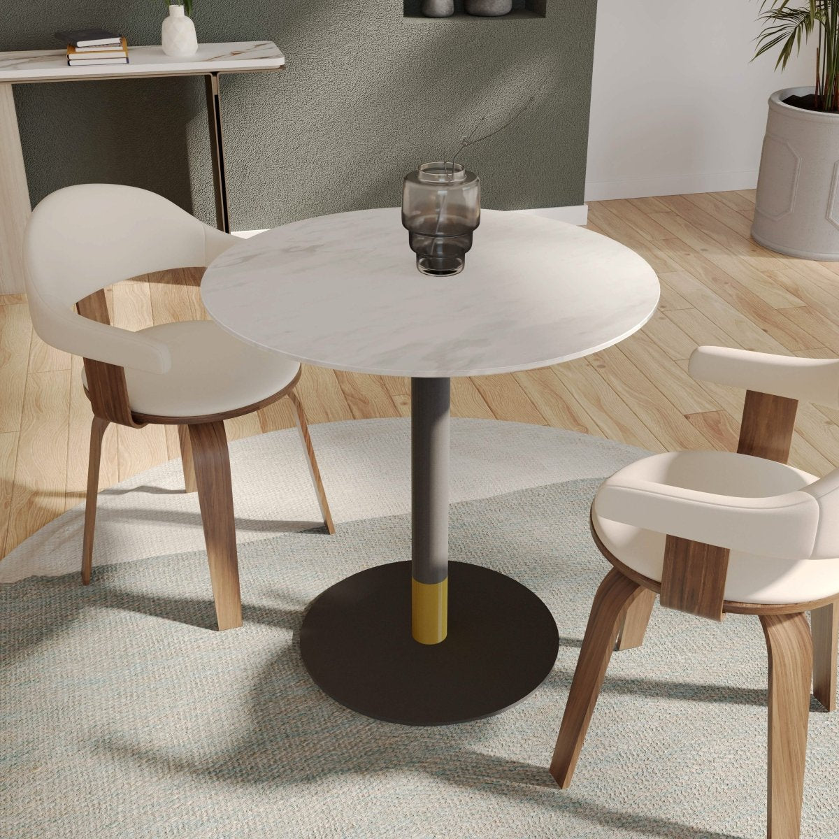 Vail Collection Dining Table Black/Gold Round Base With 27"/36" Round Sintered Stone and MDF Wood Top Stone 36 Inches White Dining Table Leisuremod