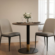 Vail Collection Dining Table Black/Gold Round Base With 27"/36" Round Sintered Stone and MDF Wood Top Wood 27 Inches Dark Brown Dining Table Leisuremod