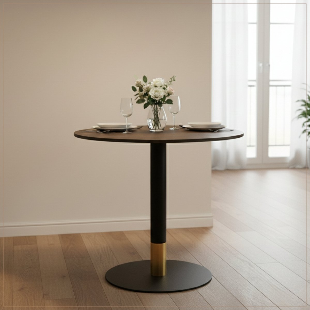 Vail Collection Dining Table Black/Gold Round Base With 27"/36" Round Sintered Stone and MDF Wood Top Wood 27 Inches Dark Brown Dining Table Leisuremod