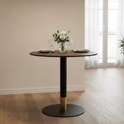 Vail Collection Dining Table Black/Gold Round Base With 27"/36" Round Sintered Stone and MDF Wood Top Wood 27 Inches Dark Brown Dining Table Leisuremod